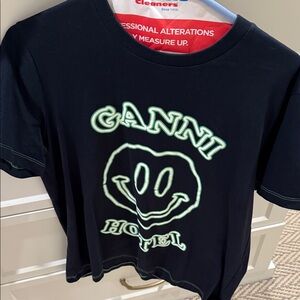 Ganni  Black Tee with Neon Green Smiley